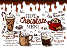 Outline Drawing Hot Chocolate Menu With Melted Chocolate, Hot Cocoa, Marshmallow, Whipped Cream, Candy Cane, Cinnamon Isolated On White Background. Sketch Drawing Winter Drinks. Vector Illustration.