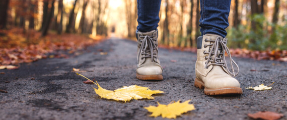 Wall Mural - walking with hiking boots on road at autumn forest. panoramic view