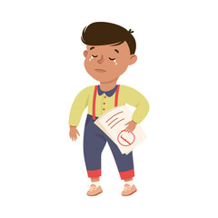 Poster - Little Boy Standing and Crying Out Loud Feeling Sad Getting Bad Mark at School Vector Illustration