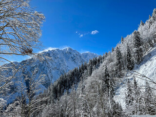 Strong December winds sweep the fresh snow off the mountaintop in Julian Alps