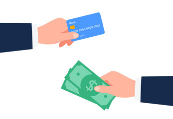 Hands holding a credit plastic card and money. Cash and non-cash money turnover. Financial operations, transactions, investments, and payment concept. Vector flat illustration.