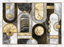 Abstract Art Deco Pattern. Geometric Background With Marble Mosaic Inlay. Mixed Wall Tiles With Artificial Stone Textures And Shiny Metallic Foil. Modern Black White Gold Decorative Wallpaper