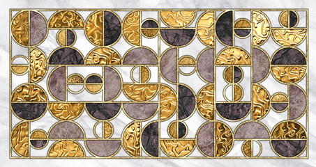 Wall Mural - abstract geometric background. Art deco pattern with mosaic inlay grid. Mixed tiles with artificial marble stone textures and shiny golden metallic foil. Black white gold decorative wallpaper