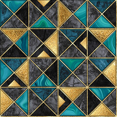 Wall Mural - seamless pattern, geometric background with black gold and green triangles. trendy wall mosaic tiles
