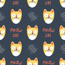 Seamless Pattern With Funny Cat Faces In Hand Drawn Style. Creative Childish Texture. Great For Fabric, Textile. Isolated On Black Background Vector Illustration
