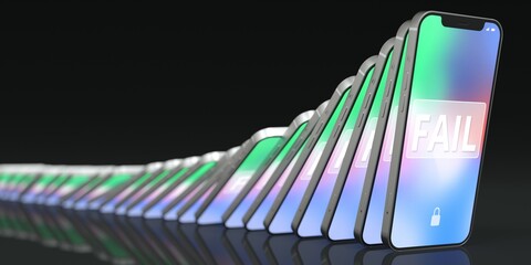 Many falling smartphones with FAIL message on the screens, 3d rendering