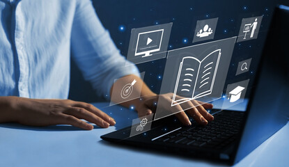 Wall Mural - e-learning education and internet lessons. education on internet technology. person who attends onli