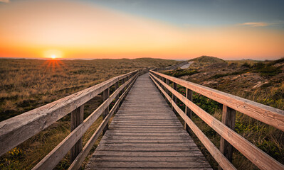 Sticker - Wooden path through meadows under a sunset sky