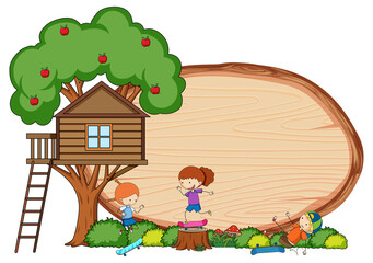 Wall Mural - Empty wooden banner with fairy tale cartoon character and elements isolated