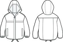 Boys Anorak Hooded Jacket Flat Sketch Vector Illustration