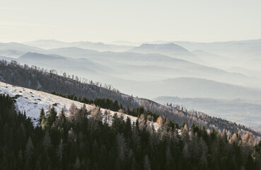 Wall Mural - Winter landscape of the Italian mountains. View of the Belluno Dolomites from Nevegal. Mountains with light haze illuminated by the sun. Climate change concept.