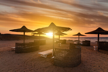 Wall Mural - Sunset at the beach with palm trees, parasols and sunbeds.