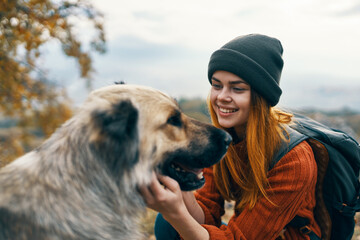 Poster - woman hiker walking dog mountains landscape fresh air nature