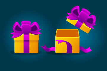 Gift boxes open and closed with purple bow for games.