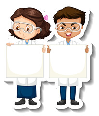 Poster - Cartoon character sticker with couple scientists in science gown