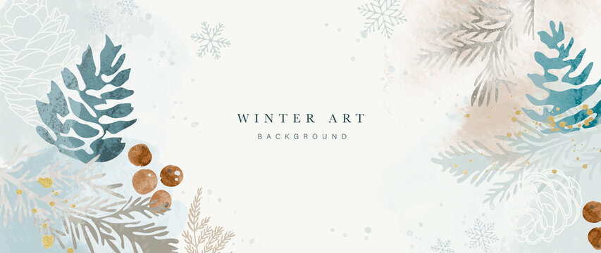 winter background vector. hand painted watercolor and gold brush texture, flower and botanical leave