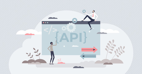 Wall Mural - api as application programming interface and software integration tool tiny person concept. coding m