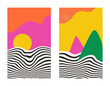 Vibrant set of abstract minimalistic landscapes in mid century style. Hand drawn Modern abstract naive graphic prints with mountains, sea and sun in green, pink and yellow colors.