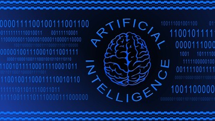 Brain symbol centered in artificial intelligence lettering on blue binary code background - symbolic of AI artificial intelligence - 3D illustration