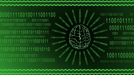 Wall Mural - Brain symbol centered in rays of binary code on green digital background - symbolic of AI artificial intelligence - 3D illustration