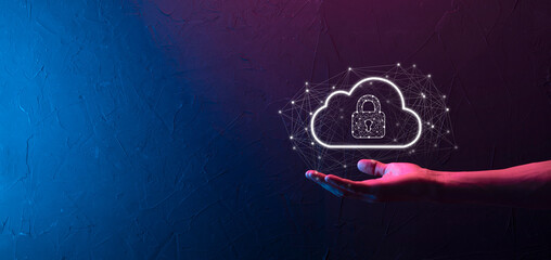 Business man hold,holding cloud computing data and security on global networking,Padlock and cloud icon. Technology of business.Cybersecurity and information or network protection.internet project