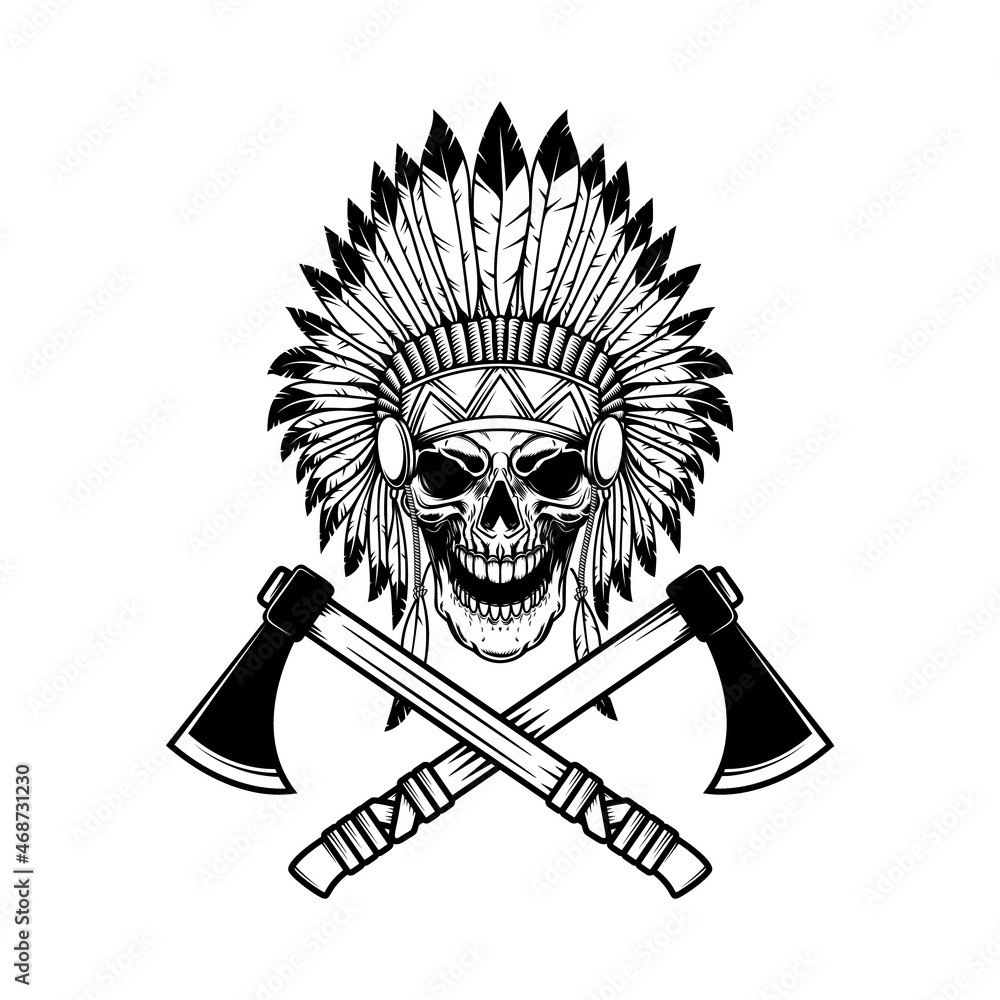Native american skull in traditional headdress and crossed tomahawks ...