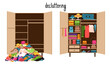 An empty closet and a pile of clothes and a closet with clothes neatly laid out on the shelves. Mess and order in wardrobe. Before and after cleaning, sorting things, cluttering. Vector illustration