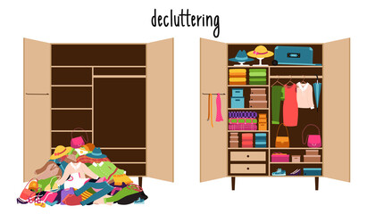 Wall Mural - An empty closet and a pile of clothes and a closet with clothes neatly laid out on the shelves. Mess and order in wardrobe. Before and after cleaning, sorting things, cluttering. Vector illustration