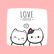 Cute Kitty Cat Lover Couple Cartoon Doodle Valentine Card Vector Illustration