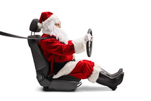 Santa Claus Holding A Steering Wheel And Wearing A Seatbelt