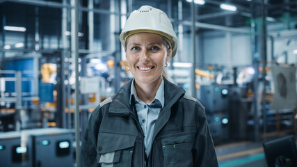 Car Factory Office: Portrait of Female Chief Engineer Wearing Hard Hat Looking at Camera, Smiling. Professional Technician. Automated Robot Arm Assembly Line Manufacturing High-Tech Electric Vehicles