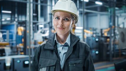 Poster - Car Factory Office: Portrait of Female Chief Engineer Wearing Hard Hat Looking at Camera, Smiling. Professional Technician. Automated Robot Arm Assembly Line Manufacturing High-Tech Electric Vehicles