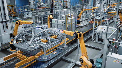 Poster - Car Factory 3D Concept: Automated Robot Arm Assembly Line Manufacturing Advanced High-Tech Green Energy Electric Vehicles. Construction, Building, Welding Industrial Production Conveyor.