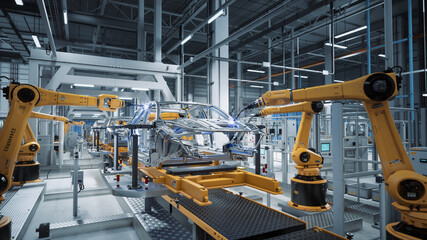 Canvas Print - Car Factory 3D Concept: Automated Robot Arm Assembly Line Manufacturing High-Tech Green Energy Electric Vehicles. Automatic Construction, Building, Welding Industrial Production Conveyor.