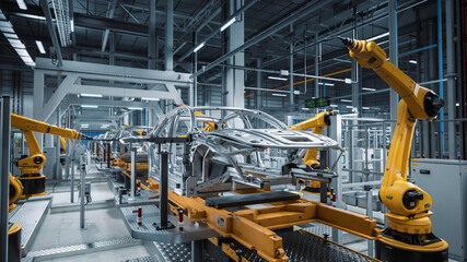 Poster - Car Factory 3D Concept: Automated Robot Arm Assembly Line Manufacturing High-Tech Green Energy Electric Vehicles. Automatic Construction, Building, Welding Industrial Production Conveyor.