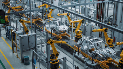 Wall Mural - Car Factory 3D Concept: Automated Robot Arm Assembly Line Manufacturing High-Tech Green Energy Electric Vehicles. Construction, Building, Welding Industrial Production Conveyor. Elevated Wide Shot
