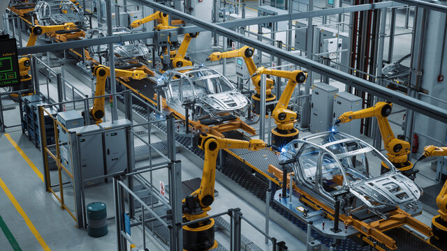 Fototapete - Car Factory 3D Concept: Automated Robot Arm Assembly Line Manufacturing High-Tech Green Energy Electric Vehicles. Construction, Building, Welding Industrial Production Conveyor. Elevated Wide Shot