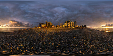 Wall Mural - 360 seamless hdri panorama view on seashore or ocean with skyscrapers in sunset sky before storm in equirectangular spherical projection, AR VR virtual reality content