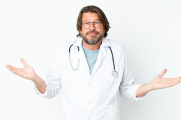 Wall Mural - Senior dutch man isolated on white background wearing a doctor gown and having doubts