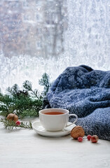 Wall Mural - tea cup, nuts, sweater, fir branches and frosty window. 