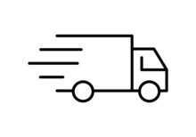 Delivery Truck Line Icon. Cargo, Distribution, Transportation Concept. Fast Shipping Idea. Moving Vehicle With Lines Symbolizing Speed. Freight Transport Services. Vector Illustration, Flat, Clip Art.