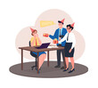 © The img - Gift giving in office 2D vector isolated illustration. Colleagues give present. Smiling coworkers flat characters on cartoon background. Christmas celebration at work colourful scene