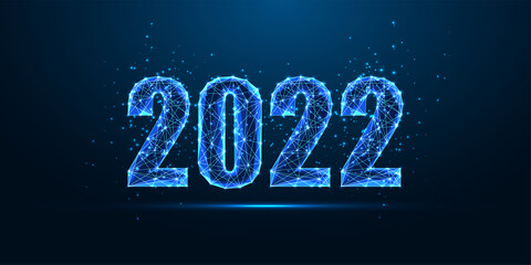 Abstract 2022 Happy New Year digital web banner template in futuristic glowing polygona