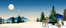 Winter Background Vector. Hand Painted Watercolor And Gold Brush Texture, Mountain With Snow, Pine Forest And Deer Hand Drawing. Design For Wallpaper, Wall Arts, Cover, Wedding And  Invite Card.