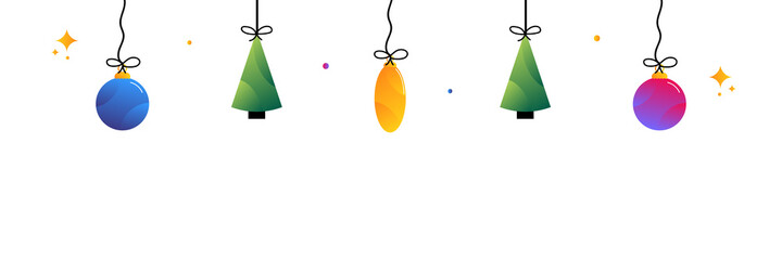 Wall Mural - Cute and colorful christmas ornaments and christmas trees hanging on ropes. Vector illustration, banner, header for winter holidays design.
