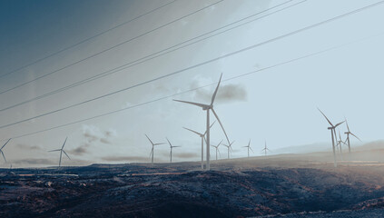 power wind turbines at sunset