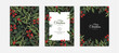 Set of Merry Christmas greeting cards, vertical banners, flyers, invitations. Happy New Year, Happy Holidays cards with christmas florals and winter objects