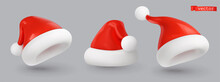 Santa Hat Christmas Decoration. 3d Realistic Render Vector Icon Set