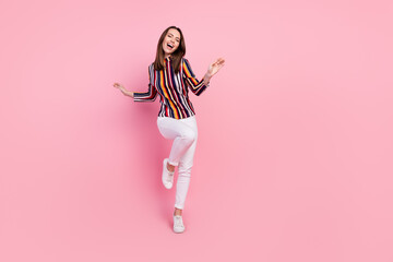 Poster - Photo of charming sweet young woman dressed colorful blouse smiling dancing isolated pink color background