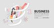© KPstudio - Business woman fly on jetpack and follow arrow through obstacles to her goal or to success. Business developement, career skill growth, opportunity, startup concept banner, landing web page.